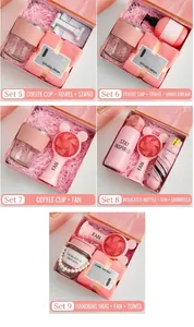 Detailed pink business gift set including a coffee cup, mini fan and folding umbrella