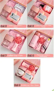 Detailed pink business gift set including a coffee cup, mini fan and folding umbrella