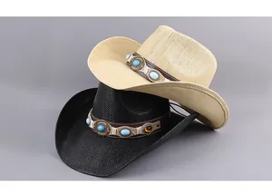Detailed close-up of woven cowboy hats in beige and black with turquoise bead bands