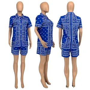 Three-view shot of women's blue paisley print shirt and short set for summer wear
