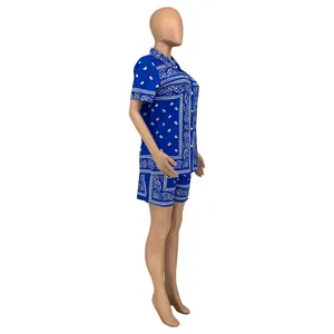 Detail view of women's blue paisley bandana print short sleeve shirt and shorts set