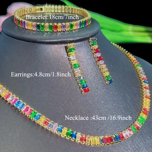 Luxury rainbow zircon jewelry set including necklace, bracelet and earrings in gold