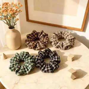 Set of 4 vintage plaid hair scrunchies in brown, beige, green and black check patterns