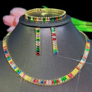 Luxury Copper Rainbow Baguette Cubic Zirconia Necklace Bracelet Earrings Jewelry For Women Wedding Party Multi Color Plated