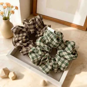 Vintage Houndstooth Plaid Large Scrunchie Fabric Hair Band Elegant Hair Tie For Women Girls Autumn Winter Hair Accessories