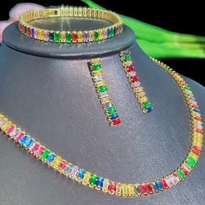 Rainbow zircon jewelry set with necklace bracelet and earrings on black display stand