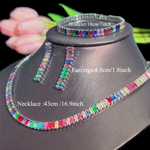 Detailed view of rainbow zircon jewelry set including necklace, bracelet, and earrings