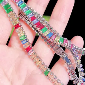 Detail of multi-colored zircon bracelet with silver base and rectangular cut stones