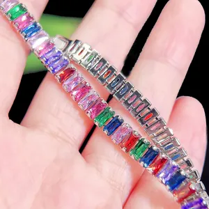 Close-up of rainbow tennis bracelet featuring rectangular cut colorful zircon stones