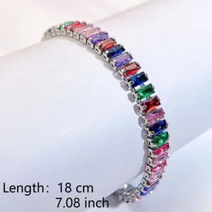 Rainbow rectangle zircon bracelet with 18cm length shown on a white display stand