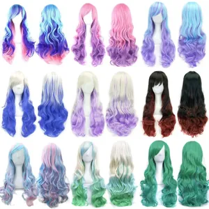 Long Wavy Cosplay Wig For Women Gradient Multicolor Heat Resistant Synthetic Fiber Anime Harajuku Style Full Head Wig