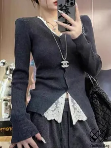 Slim-fit dark grey knit cardigan with white lace trim and V-neckline for women