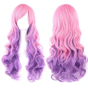 Long wavy cosplay wig with bangs featuring a pink to purple gradient finish