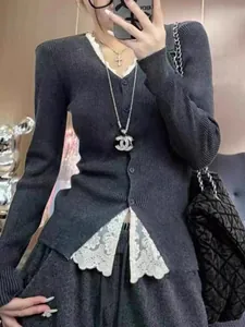 Elegant slim-fit ribbed knit sweater for women with white lace trim and button detail