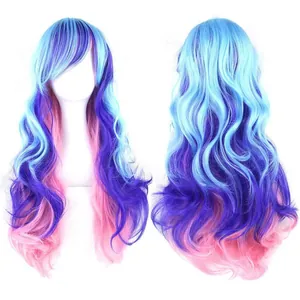 Long wavy cosplay wig with gradient blue, violet, and pink colors in a double view