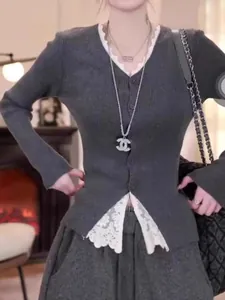 Slim fit dark grey knit cardigan with V-neck and delicate white lace trim details