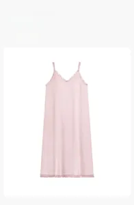 Detailed view of pink cotton nightgown with V-neckline and delicate lace fringe trim