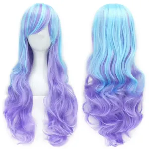 Blue and purple gradient long wavy cosplay wig with bangs shown in front and back views