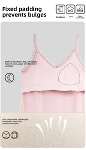 Detail of pink cotton nightdress featuring fixed chest pads and breathable rib fabric
