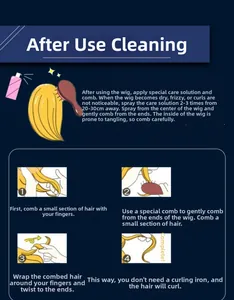 Cosplay wig care guide showing cleaning steps and styling tips with finger curling