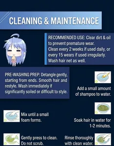 Infographic showing step-by-step cleaning guide for gradient cosplay long curly wig