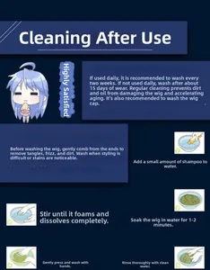 Infographic showing step-by-step cleaning guide for gradient cosplay long curly wig
