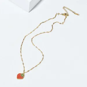 Minimalist stainless steel necklace featuring a realistic red enamel strawberry pendant