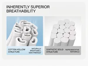 Macro comparison showing breathable hollow cotton fibers versus solid synthetic structures