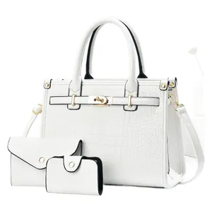 Three-piece set of white crocodile pattern tote bag with shoulder strap and wallets
