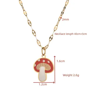 Chic gold-plated necklace with red and white mushroom pendant and size measurements