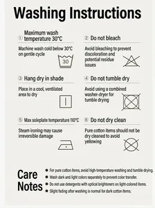 Care label for cotton nightgown showing washing symbols and fabric maintenance guide