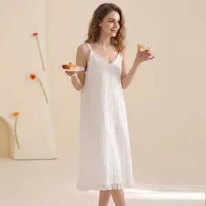 Sexy white cotton nightgown for women with fringe trim and V-neck minimalist design