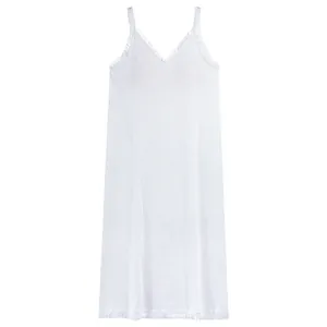 White cotton long camisole nightgown with deep V-neck and delicate fringe hem details