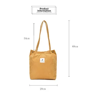 Detailed dimension chart showing size of the yellow corduroy tote bag with measurements