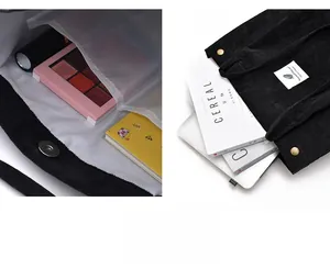 Detail of black corduroy tote bag showing magnetic snap closure and large interior capacity