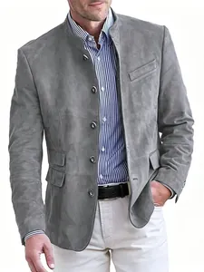 Detailed view of men's grey suede casual blazer with stand collar and pockets