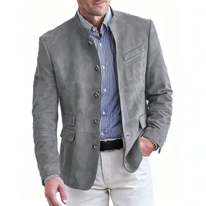 Elegant grey men's casual suede blazer jacket with multiple pockets for autumn winter