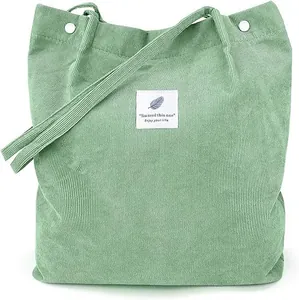 Women's Corduroy Tote Bag Large Capacity Casual Shoulder Bag With Magnetic Snap Inner Pocket Patch Design For School Travel Shopping Daily
