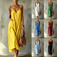 Women's boho summer V-neck spaghetti strap maxi dress with pocket in seven colors.