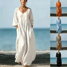 Detailed view of a loose bohemian linen V-neck maxi dress available in various colors