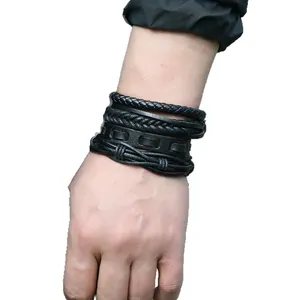 Vintage black multilayer braided cowhide leather bracelet set for men and women unisex