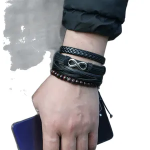 Men's vintage multi-layer black leather bracelet set with silver infinity charm and beads