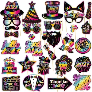 Detailed collection of vibrant 2027 New Year party photo booth props with festive text