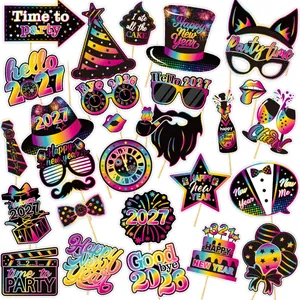 Variety of 2027 New Year photo booth props with vibrant rainbow neon designs