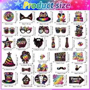 Set of 25 New Year 2027 photo booth props with detailed dimensions and size chart