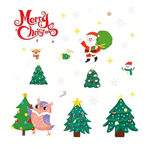 Festive Christmas cartoon window stickers featuring Santa Claus, reindeer, and trees