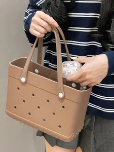 Medium brown EVA tote bag with DIY holes for women's daily beach and travel use