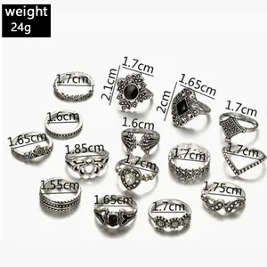 Detailed size guide for 15-piece vintage silver geometric ring set with black stones
