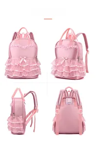Pink girls dance backpack with ruffled lace trim shown from four different angles