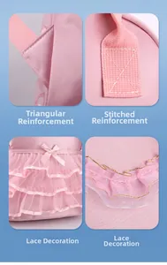 Detail of pink nylon dance backpack featuring lace ruffles and reinforced stitching